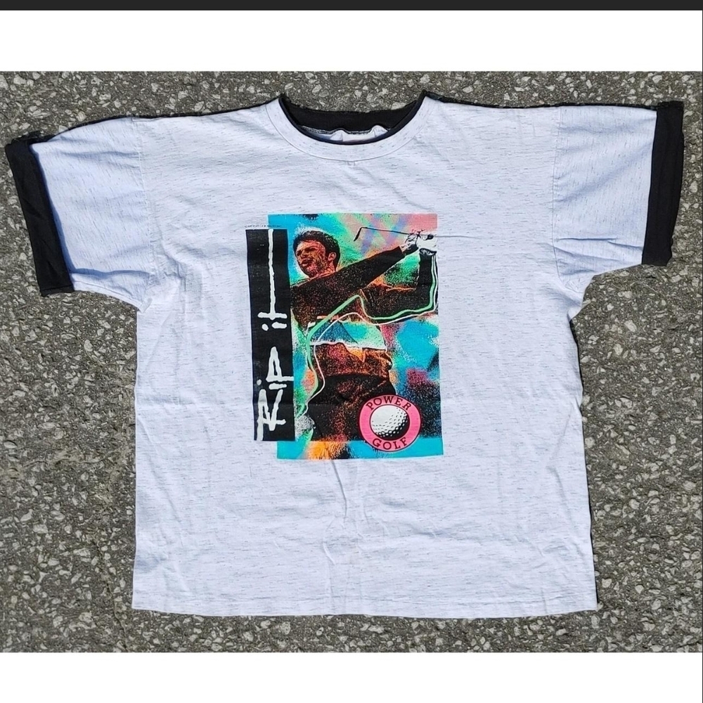 Vtg 90s Air Waves Golf T-Shirt XL Neon All Over Print Graphic Tee Single Stitch